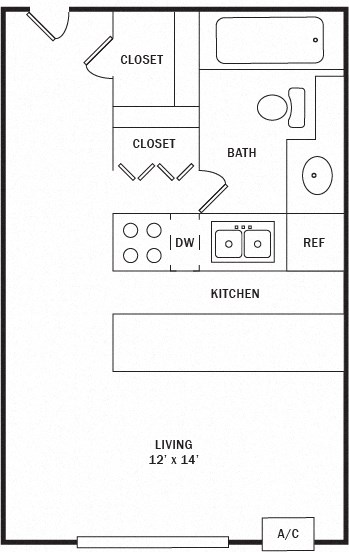 Floor plan for studio, 1 bath, 360 sqft